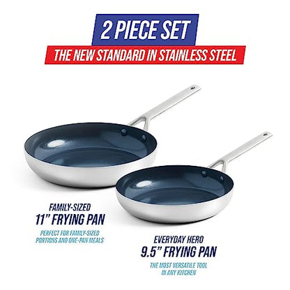 Blue Diamond Cookware Triple Steel Edelstahl Keramik Antihaft, 24 cm und 28 cm Bratpfannen-Set, PFAS-frei, mehrfach beschichtet, Induktion, spülmaschinenfest, backofenfest, Silber