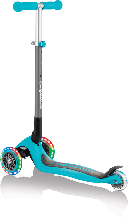 Globber Mini Scooter | Primo Foldable Lights | Anodized T-Bar | Teal