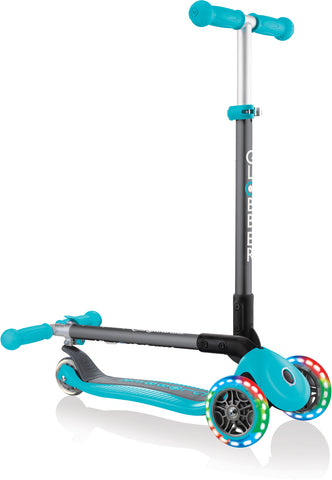 Globber Mini Scooter | Primo Foldable Lights | Anodized T-Bar | Teal