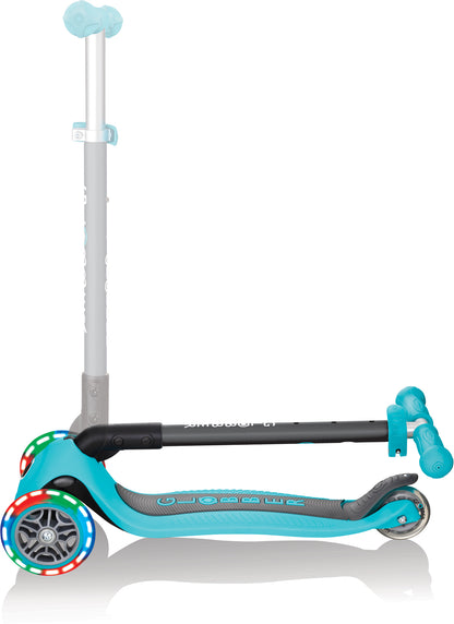 Globber Mini Scooter | Primo Foldable Lights | Anodized T-Bar | Teal