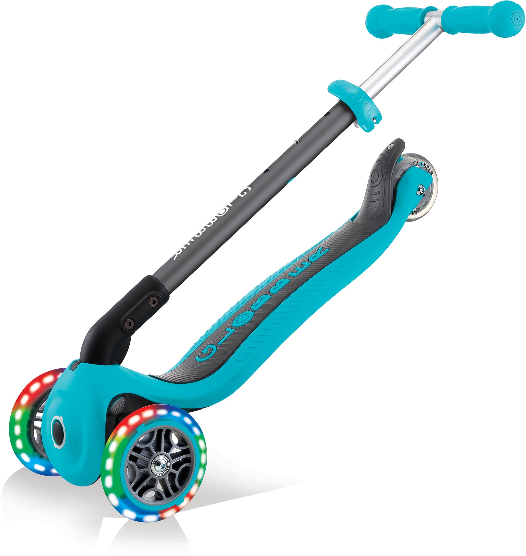 Globber Mini Scooter | Primo Foldable Lights | Anodized T-Bar | Teal