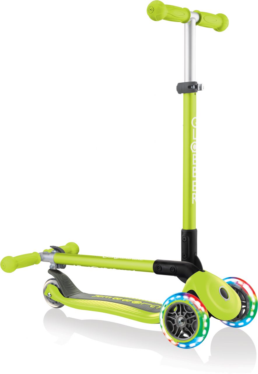 Globber Mini Scooter | Primo Foldable Lights | Anodized T-Bar | Limettengrün