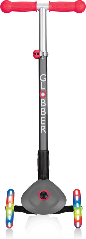 Globber Mini Scooter | Primo Foldable Lights | Anodized T-Bar | Grau-rot