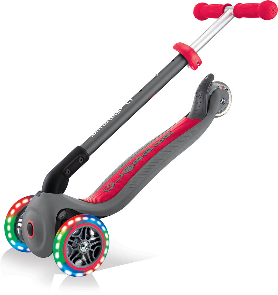 Globber Mini Scooter | Primo Foldable Lights | Anodized T-Bar | Grau-rot