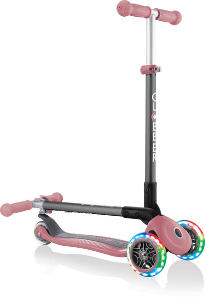 Globber Mini Scooter | Primo Foldable Lights | Anodized T-Bar | Pastel pink