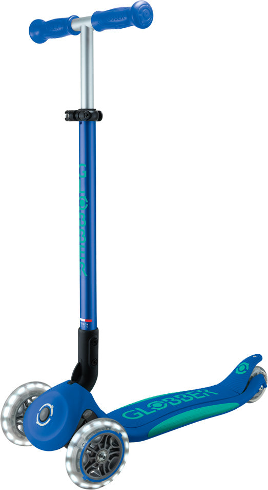 Globber Mini Scooter | Primo Foldable Plus Lights | Navy Blue - Emerald Green