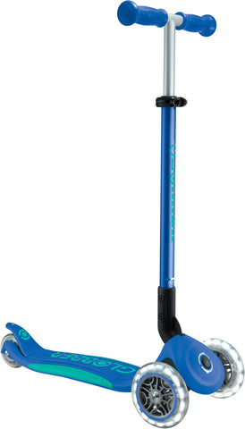 Globber Mini Scooter | Primo Foldable Plus Lights | Navy Blue - Emerald Green