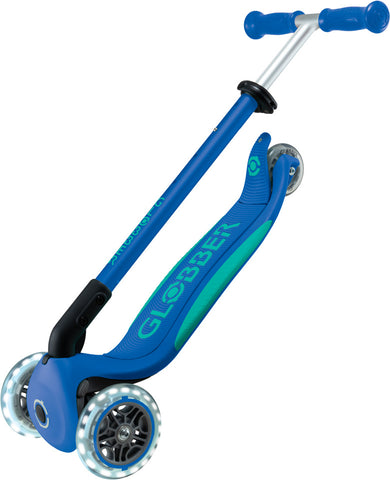 Globber Mini Scooter | Primo Foldable Plus Lights | Navy Blue - Emerald Green