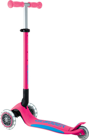 Globber Mini Scooter | Primo Foldable Plus Lights | Fuchsia - Sky blue