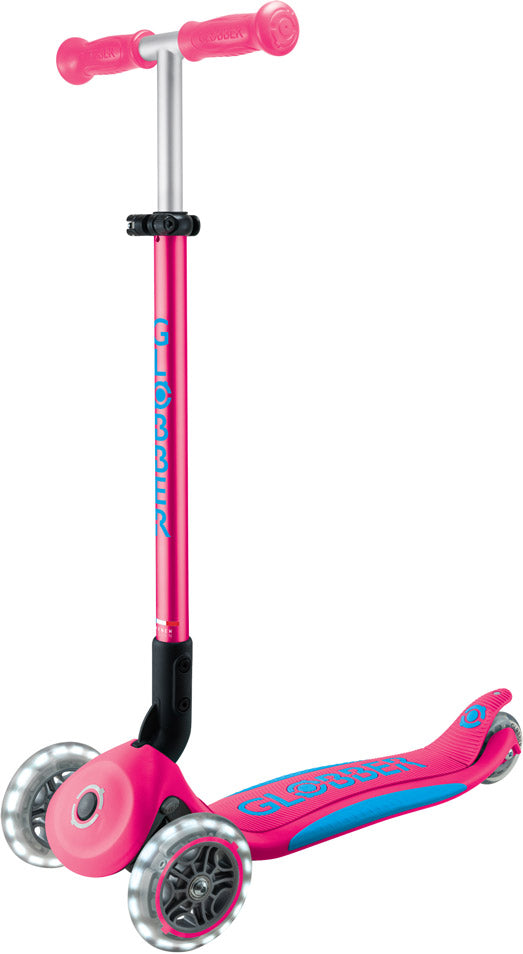 Globber Mini Scooter | Primo Foldable Plus Lights | Fuchsia - Sky blue