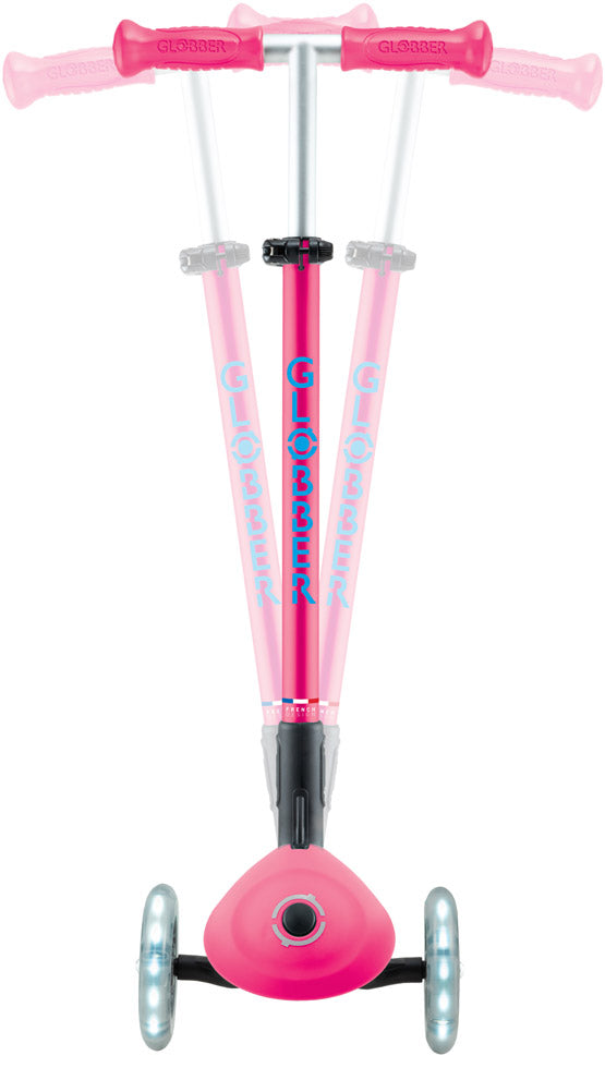 Globber Mini Scooter | Primo Foldable Plus Lights | Fuchsia - Sky blue
