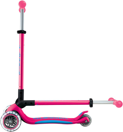 Globber Mini Scooter | Primo Foldable Plus Lights | Fuchsia - Sky blue