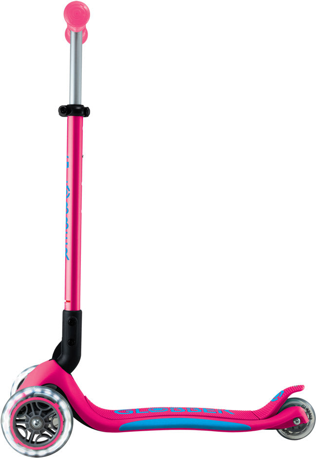 Globber Mini Scooter | Primo Foldable Plus Lights | Fuchsia - Sky blue