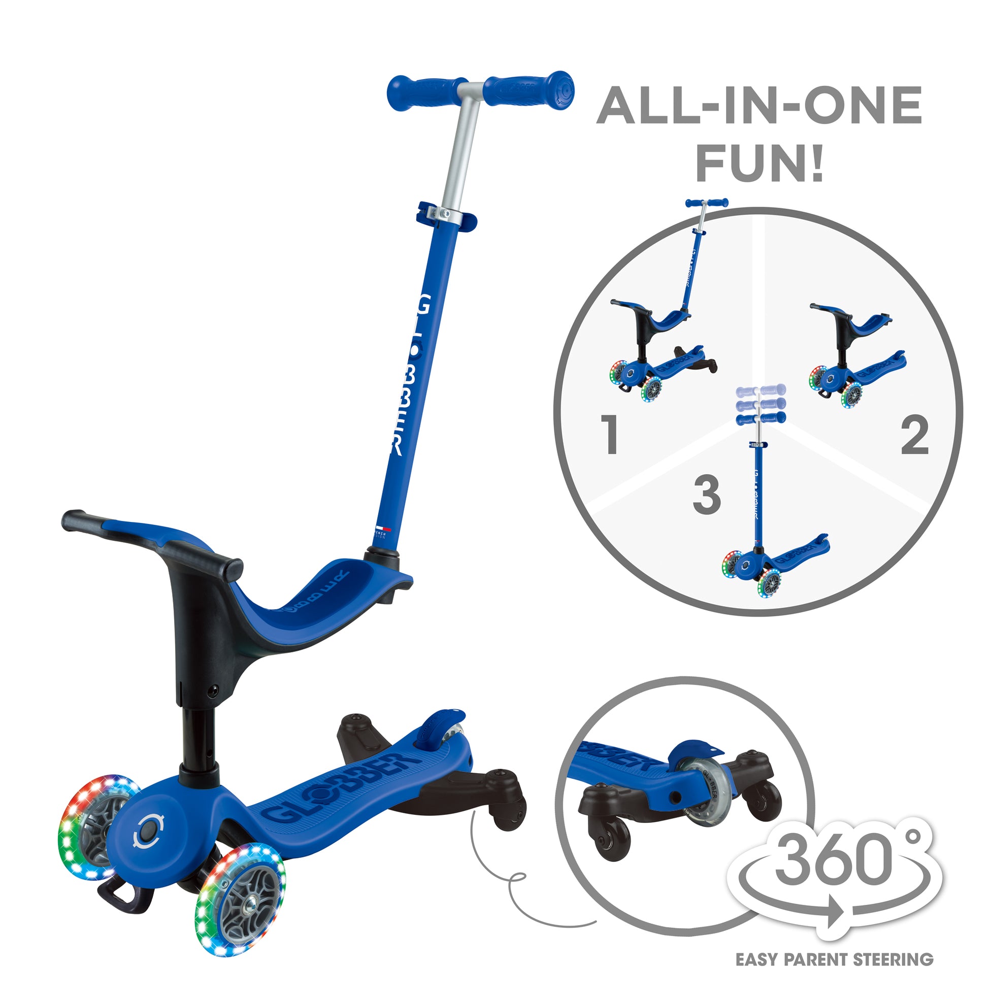 Globber Laufrad / Dreirad | GO UP Sporty Lights 360° | Navy Blau