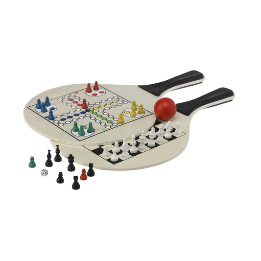 Beach Games- Holzschläger mit Abbildung von Spielbrettern für 2 Spiele