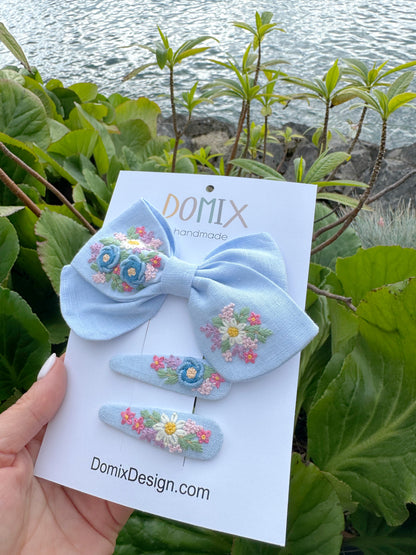 Toddler & Girl Hair Bow Set – Linen with Floral Design