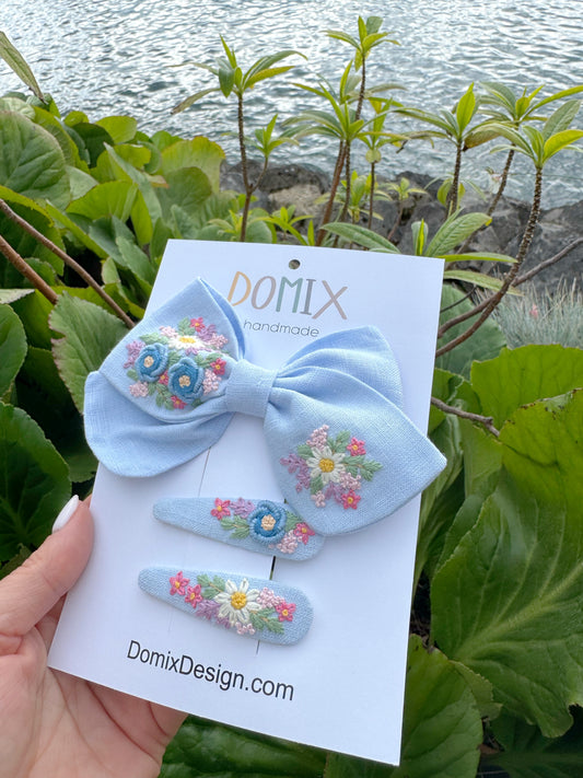 Toddler & Girl Hair Bow Set – Linen with Floral Design