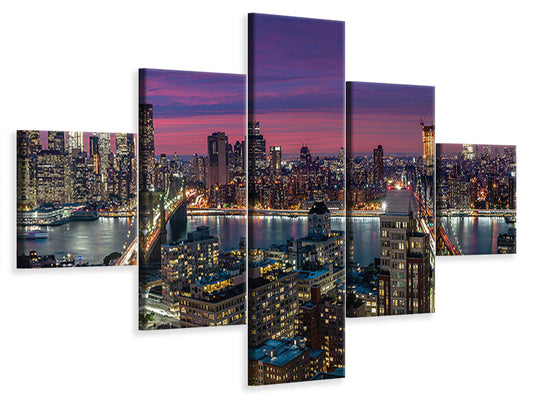 Leinwandbild 5-teilig Manhattan Skyline During Beautiful Sunset