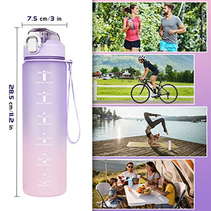 1L Wasserflasche, Trinkflasche mit Strohhalm und Zeitmarkierung