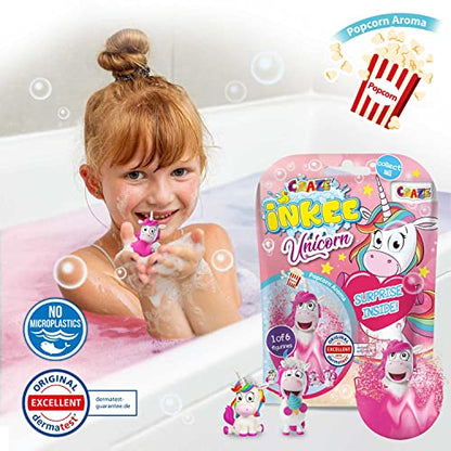 Craze INKEE Unicorn | Badebombe Kinder mit Überraschung, Badekugel 100g mit Einhornfiguren, Pop-Corn Duft