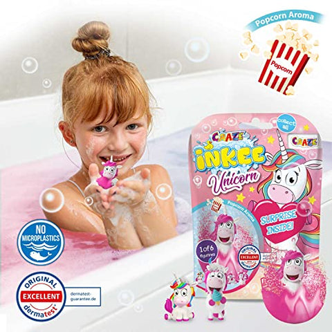 Craze INKEE Unicorn | Badebombe Kinder mit Überraschung, Badekugel 100g mit Einhornfiguren, Pop-Corn Duft