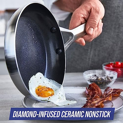 Blue Diamond Cookware Triple Steel Edelstahl Keramik Antihaft, 24 cm und 28 cm Bratpfannen-Set, PFAS-frei, mehrfach beschichtet, Induktion, spülmaschinenfest, backofenfest, Silber