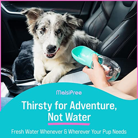 MalsiPree Hundewasserflasche, auslaufsicherer tragbarer Welpenwasserspender mit Trinkfutterautomat für Haustiere im Freien, Wandern, Reisen, Kunststoff in Lebensmittelqualität (350ML, Blau)