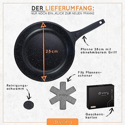 DIVORY große Pfanne 28cm I Abnehmbarer Griff, Induktion, beschichtet, Aluminium – Bratpfanne groß + Pfannenschoner - Induktionspfanne