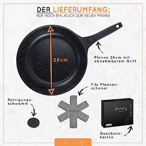 DIVORY große Pfanne 28cm I Abnehmbarer Griff, Induktion, beschichtet, Aluminium – Bratpfanne groß + Pfannenschoner - Induktionspfanne