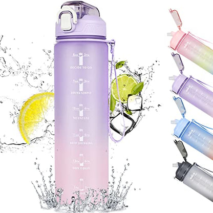 1L Wasserflasche, Trinkflasche mit Strohhalm und Zeitmarkierung