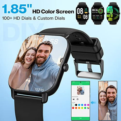 Aptkdoe Smartwatch Damen Herren mit Bluetooth Anrufe, 1.85 Zoll Voll Touch Screen Smart Watch, 112 Sportmodi Fitnessuhr, IP68 Wasserdicht Sportuhr mit Schrittzähler Schlafmonitor für iOS und Android
