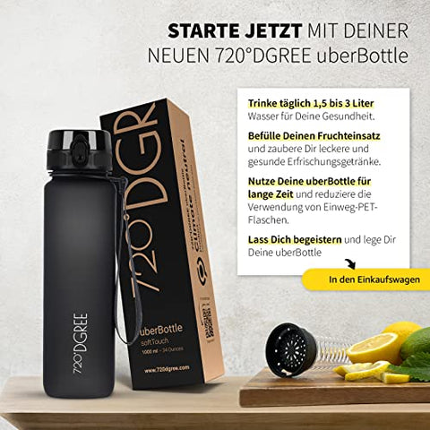 720°DGREE Trinkflasche “uberBottle“ softTouch +Früchtebehälter - 1L - BPA-Frei - Wasserflasche für Uni, Sport, Fitness, Fahrrad, Outdoor - Sportflasche aus Tritan - Leicht, Bruchsicher, Nachhaltig