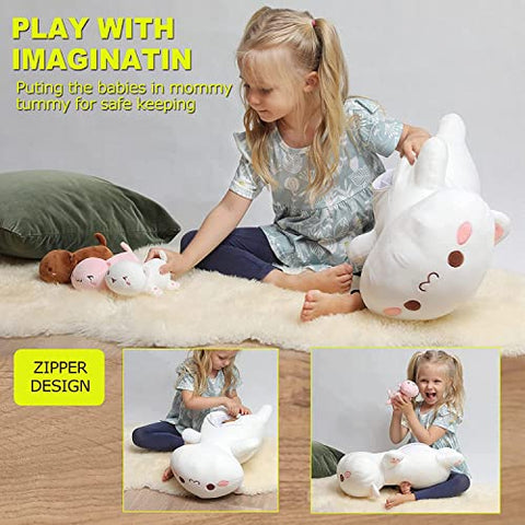 shownicer Plüschtier Stofftier Katze Mama 50cm mit 3 Kätzchen, Kuscheltier Tier Plüschkissen Spielzeug Geschenk gefüllt für Kinder Mädchen Jungen, Schmusetier für Kuscheltierliebhaber (Katzenfamilie)