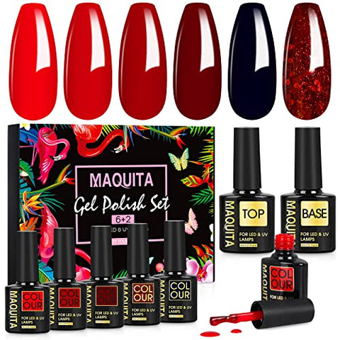 MAQUITA Gel Nagellack Set,Shellac Gellack Kit, Mehrfarbig Ablösbarer Nagelgel Farbgel Gel Nagel,Nagellack 8 Stk 8ml, Soak Off LED Gellack für Nail Art Karneval, Frauentag, Geburtstag - Rot Set