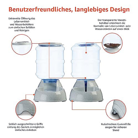 Amazon Basics 2 Stück, Hundefutter- und Wasserspender, Futter- und Wasserspender für Haustiere, Größe S, Klar, Grau
