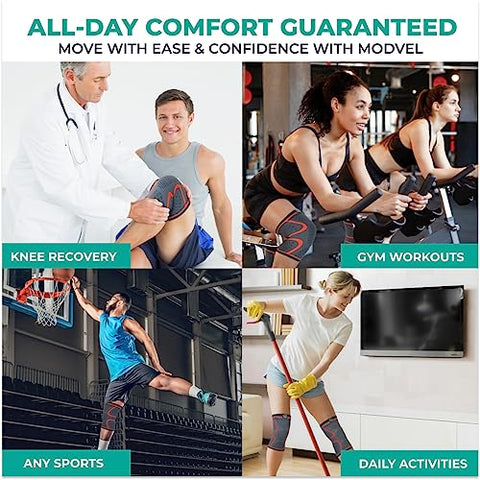 Modvel Kniebandage Set | Knie-Kompressionsbandage für Damen/Männer, Medizinischer Knieschützer, rutschfeste Atmungsaktiv für Kniescherzen Lindert, Laufen, Wandern, Joggen, Sport Basketball, Fußball