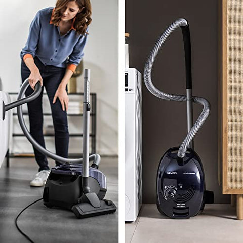 Siemens Staubsauger mit Beutel synchropower VS06A111, Bodenstaubsauger, Hygiene-Filter, Bodendüse für Hartboden und Teppich, starke Saugleistung, langes Kabel, Fugendüse, 600 W, blau