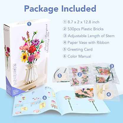 Etarnfly Blumen Bausteine Set, 530 PCS Künstliche Blumenstrauß Kunstpflanzen DIY Bauspielzeugsets Bouquet Baustein für Hausdeko, Geschenke für Mutter Frauen Freundin Kinder 6+, Botanical Collection