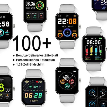 IOWODO Smartwatch Damen Herren 1,69'' Uhren IP68 Wasserdicht Fitnessuhr Tracker mit Pulsschlag SpO2 Schrittzähler Temperatur Schlafmonitor 25 Trainingsmodi Smart Watch für Android iOS (Grau)