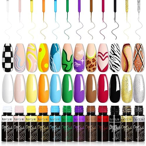 LILY'CUTE 12 Gel Liner Nail Art, Farben Gel Liner Nail Herbst Winter, UV Nagellack Liner Dunkelheit & Glitter Nail Gel Polish Set for Drawing Lines, Nagel Kunst Farbgel Nagelgel