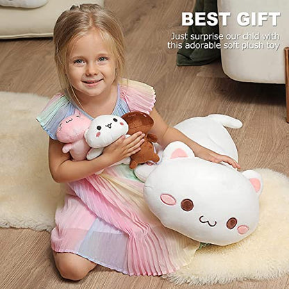 shownicer Plüschtier Stofftier Katze Mama 50cm mit 3 Kätzchen, Kuscheltier Tier Plüschkissen Spielzeug Geschenk gefüllt für Kinder Mädchen Jungen, Schmusetier für Kuscheltierliebhaber (Katzenfamilie)