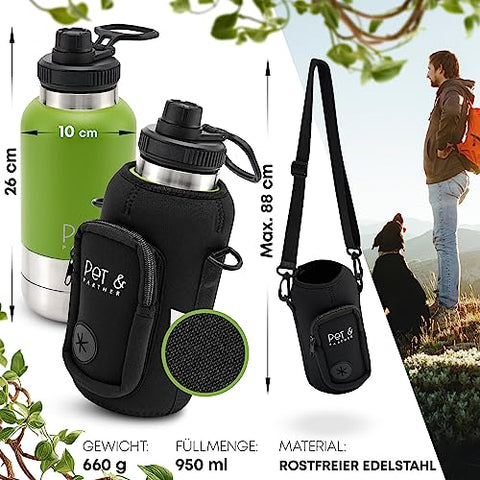 PET & PARTNER Trinkflasche Edelstahl | Inkl. 2X Hundenapf für unterwegs & Kotbeutelspender [+ EXTRAFACH] Tasche + Trinkflasche 950ml - Farbe wählbar