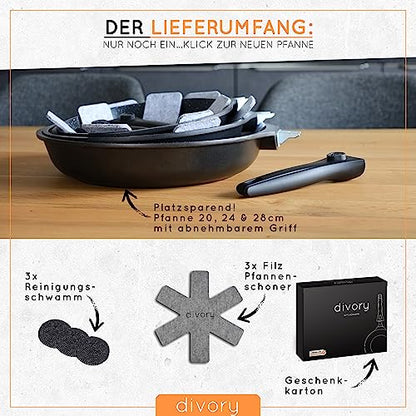 DIVORY Pfannenset 3-teilig Pfanne 20cm, 24cm, 28cm mit abnehmbaren Griff, Induktion, Antihaft-Beschichtete Bratpfanne hoch + Pfannenschoner - Induktionspfanne