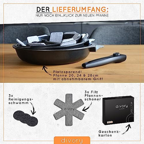 DIVORY Pfannenset 3-teilig Pfanne 20cm, 24cm, 28cm mit abnehmbaren Griff, Induktion, Antihaft-Beschichtete Bratpfanne hoch + Pfannenschoner - Induktionspfanne