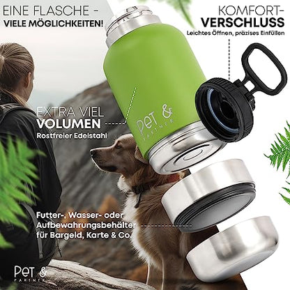 PET & PARTNER Trinkflasche Edelstahl | Inkl. 2X Hundenapf für unterwegs & Kotbeutelspender [+ EXTRAFACH] Tasche + Trinkflasche 950ml - Farbe wählbar