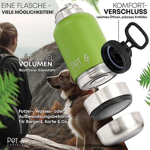 PET & PARTNER Trinkflasche Edelstahl | Inkl. 2X Hundenapf für unterwegs & Kotbeutelspender [+ EXTRAFACH] Tasche + Trinkflasche 950ml - Farbe wählbar