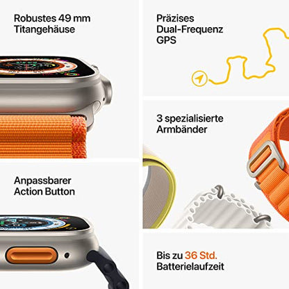 Apple Watch Ultra (GPS + Cellular, 49mm) Smartwatch - Titangehäuse, Alpine Loop Orange - Medium. Fitnesstracker, präzisesGPS, Aktionstaste, extra Lange Batterielaufzeit, helleres Retina Display