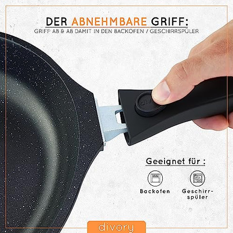 DIVORY große Pfanne 28cm I Abnehmbarer Griff, Induktion, beschichtet, Aluminium – Bratpfanne groß + Pfannenschoner - Induktionspfanne