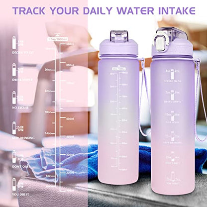 1L Wasserflasche, Trinkflasche mit Strohhalm und Zeitmarkierung