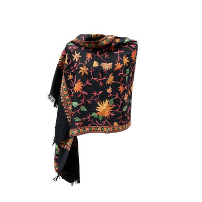 AISHITERU - Noire Embroidered Wool Shawl - Golden Floral Glam in Black ✨🧣